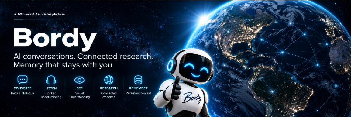 Bordy. A JWilliams & Associates platform. AI conversations. Connected research. Memory that stays with you. Converse: natural dialogue. Listen: spoken understanding. See: visual understanding. Research: connected evidence. Remember: persistent context.